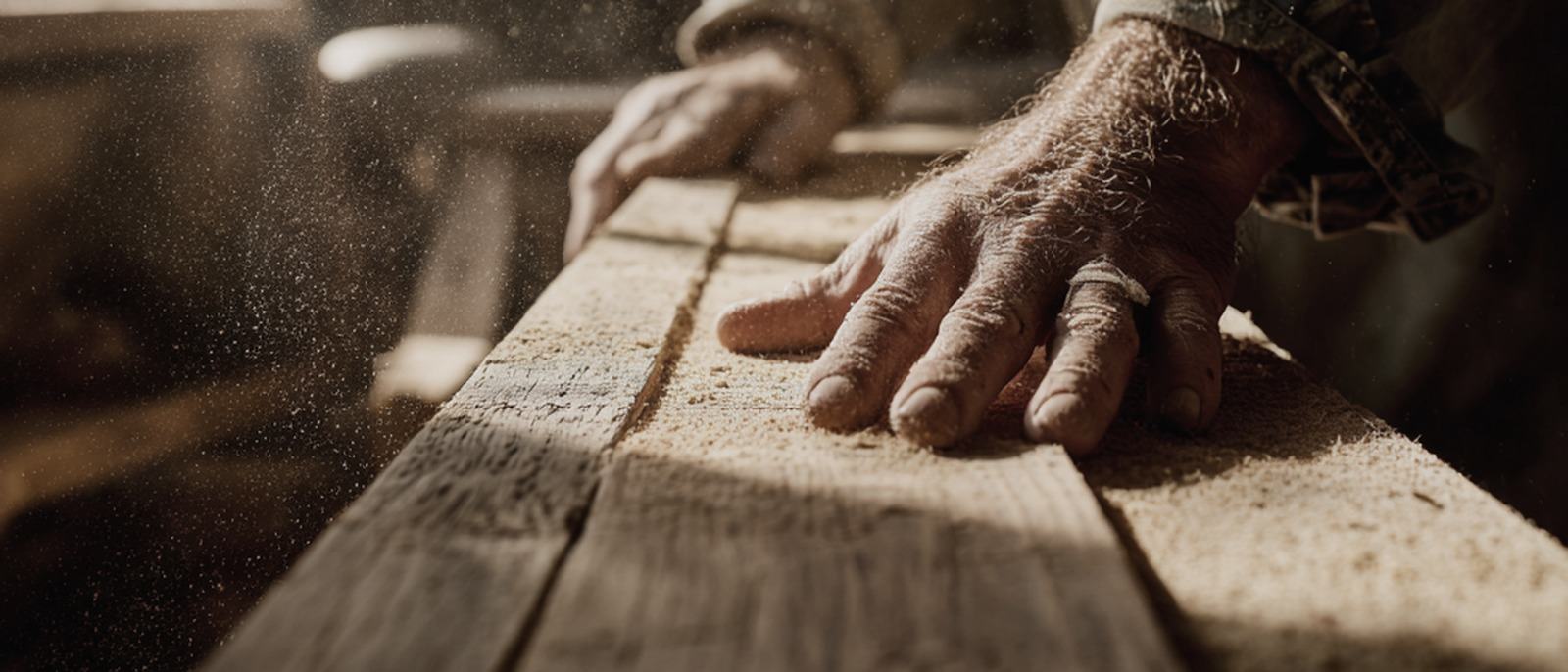 A man’s hands steadying a rough sawn board on a workbench, sawdust in the window light