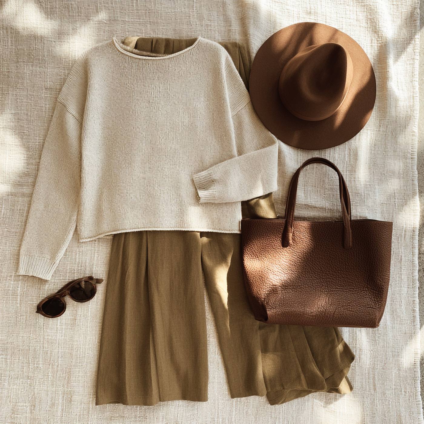 A cream knit jumper, olive linen trousers and a brown leather tote laid out side by side on linen in dappled light